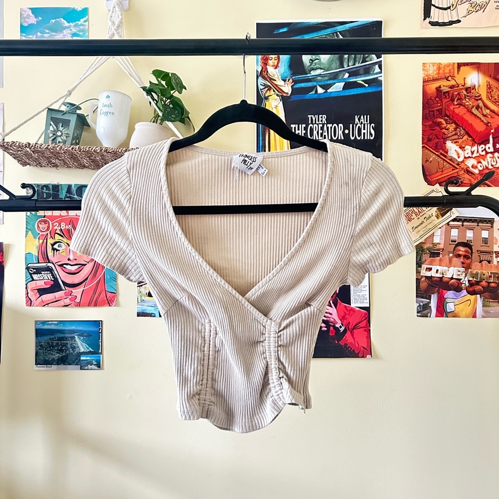 Ribbed Beige V-Neck Top